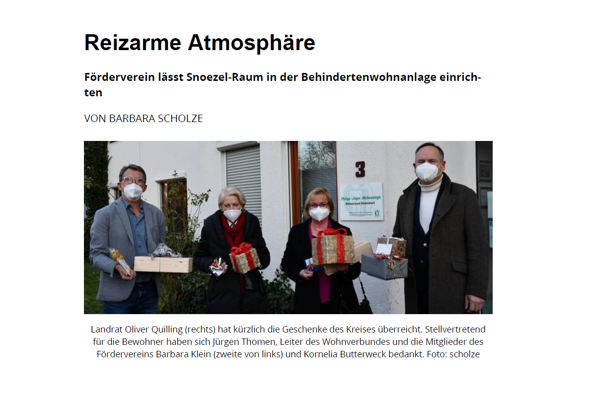 Presseartikel: Reizarme Atmosphäre in neuem Snoezelraum der Philipp-Jäger-Wohnanlage
